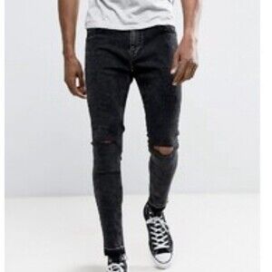 BERSHKA Men’s Skinny Fit Black Denim Jeans Distressed